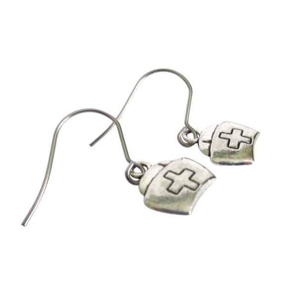 New Nurse Cap Dangle Pierced Earrings With Cross Design on Stainless Hooks - Picture 5 of 5